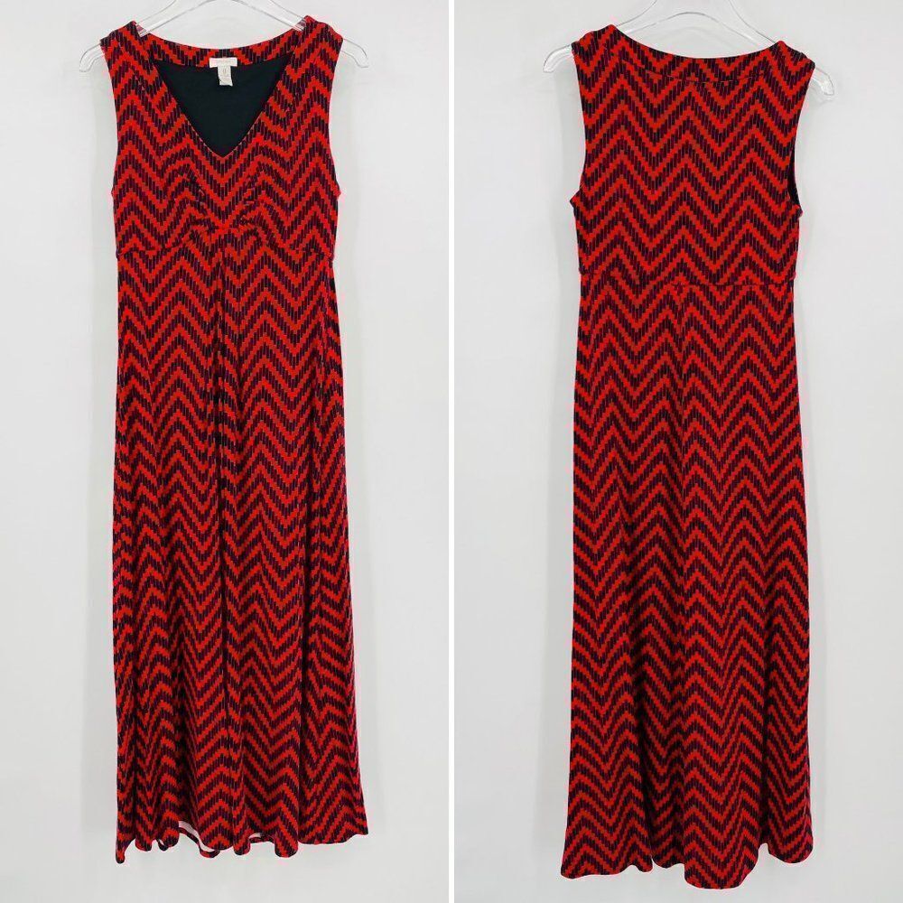 Chico's Size 0 Small Black & Red Chevron Print Sleeveless V Neck Maxi Dress